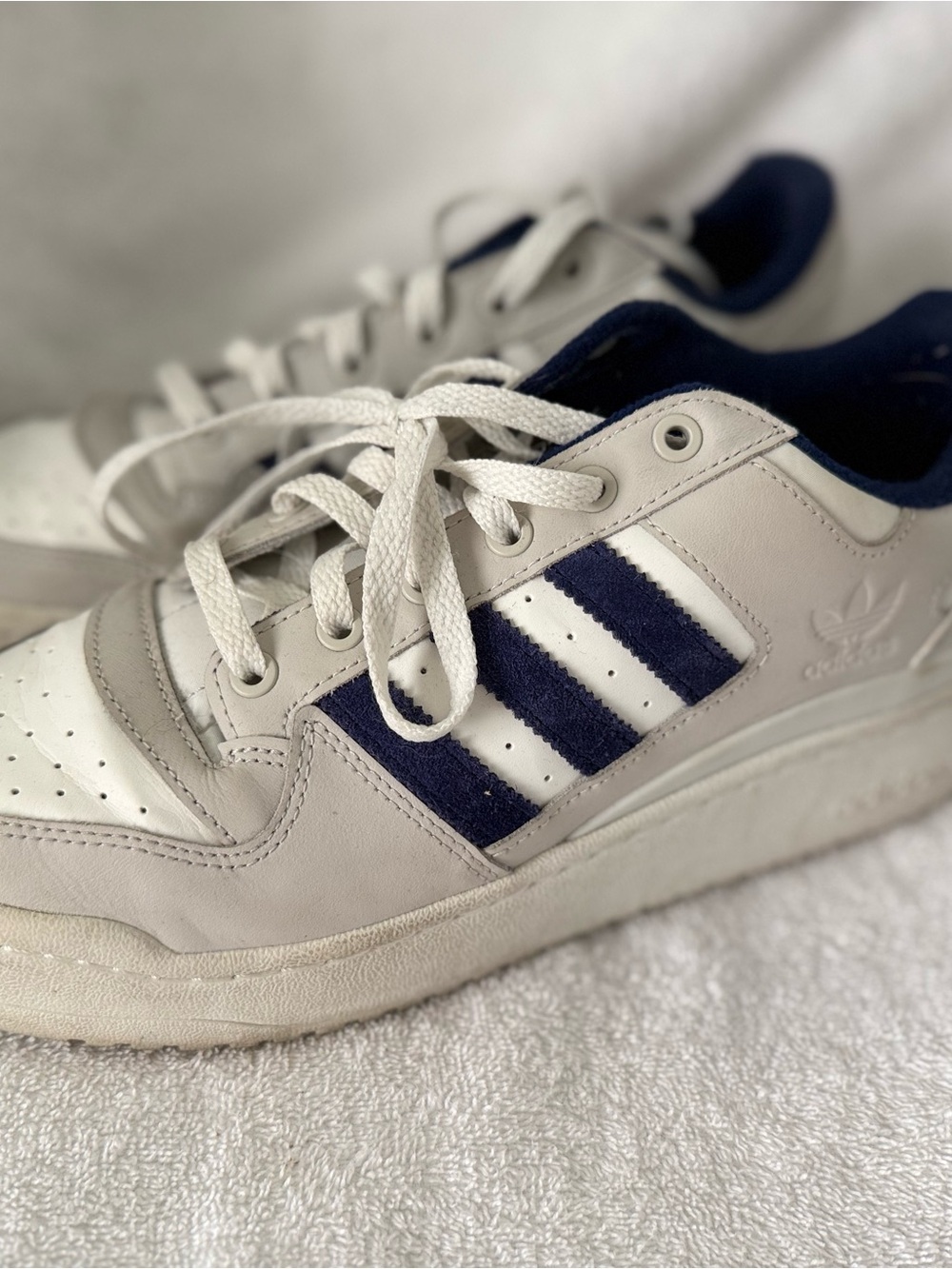 adidas Off-White Leather Sneakers with Navy Stripes